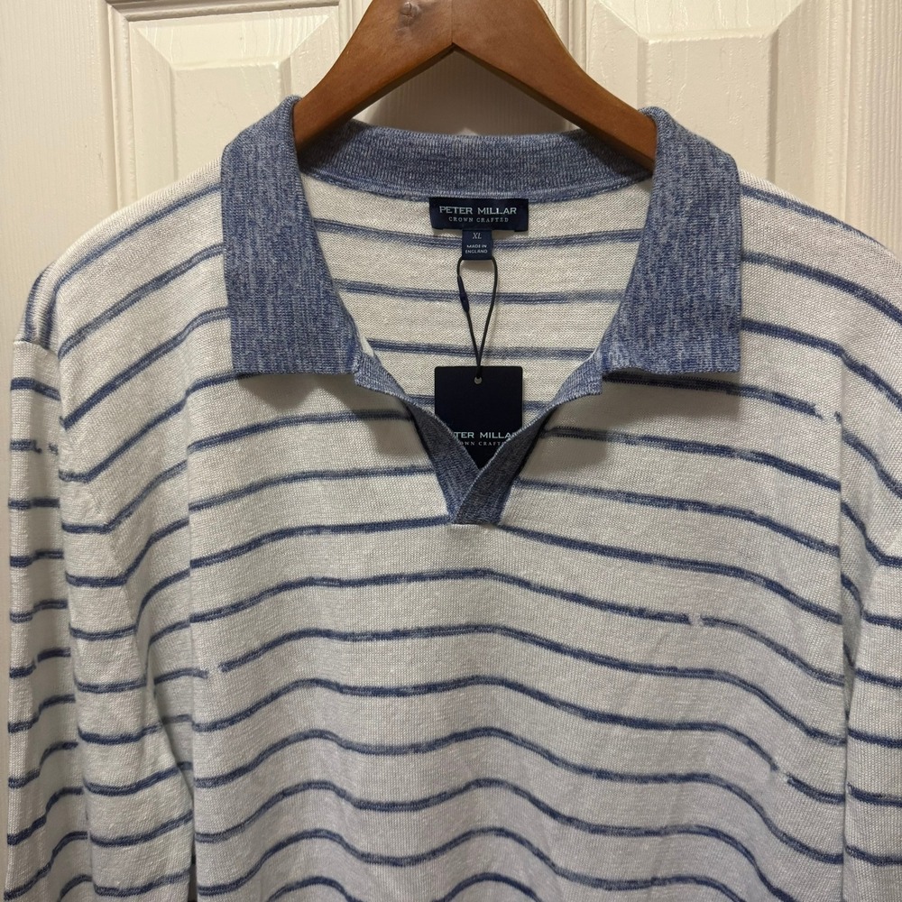 NWT Peter Millar Crown Crafted Mens XL Blue Stripe Collared Pullover Sweater